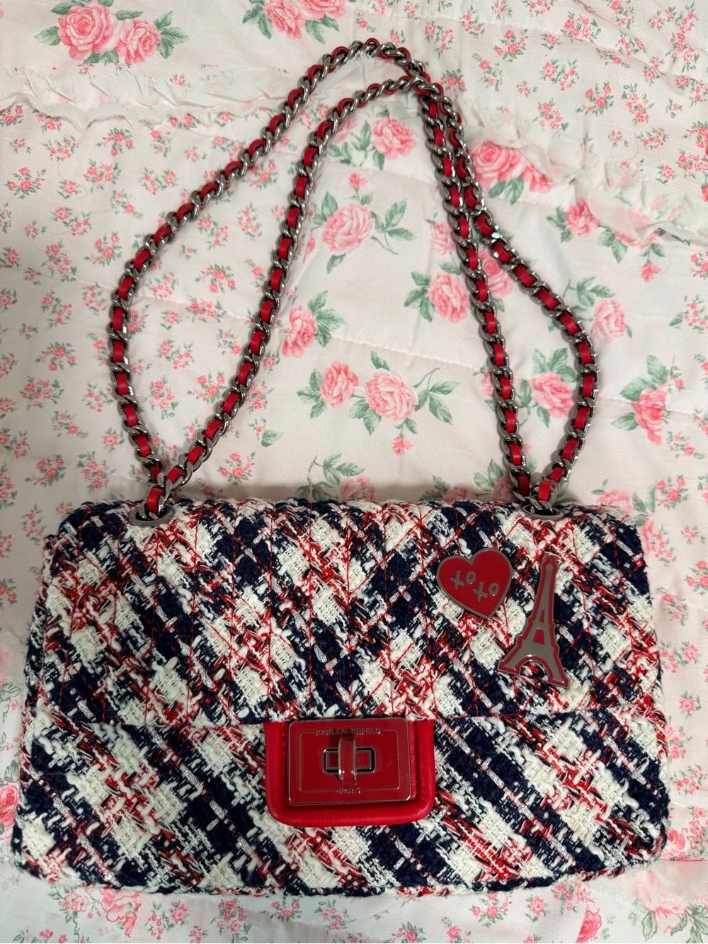 Karl Lagerfeld Red & Navy Tweed Chain Shoulder Bag / crossbody - Women